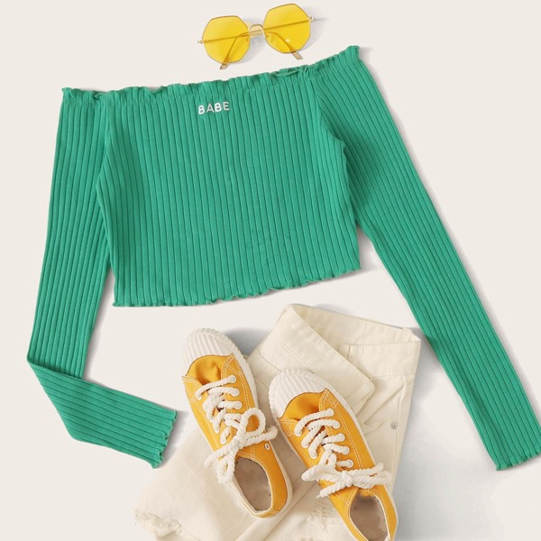

Lettuce Trim Letter Embroidered Rib-knit Bardot Top, Green