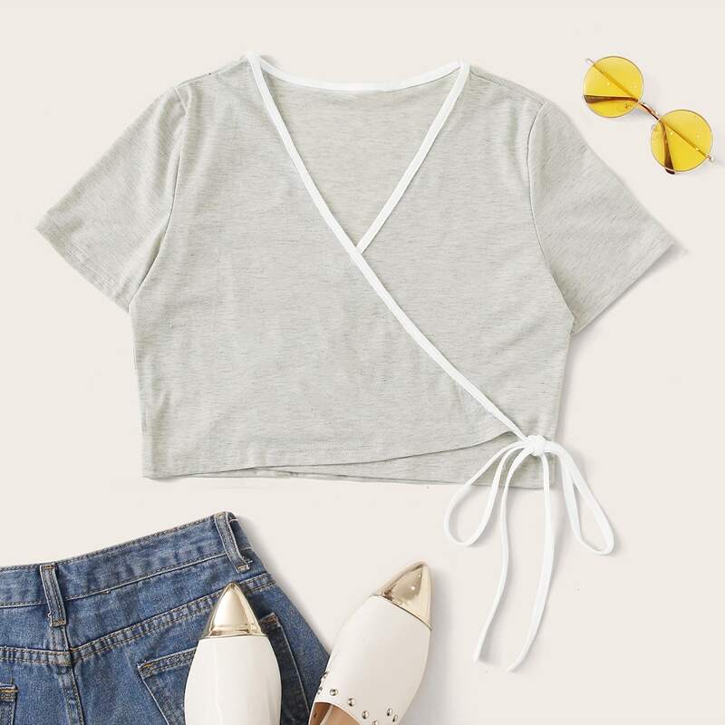 

Tie Side Surplice Top, Grey