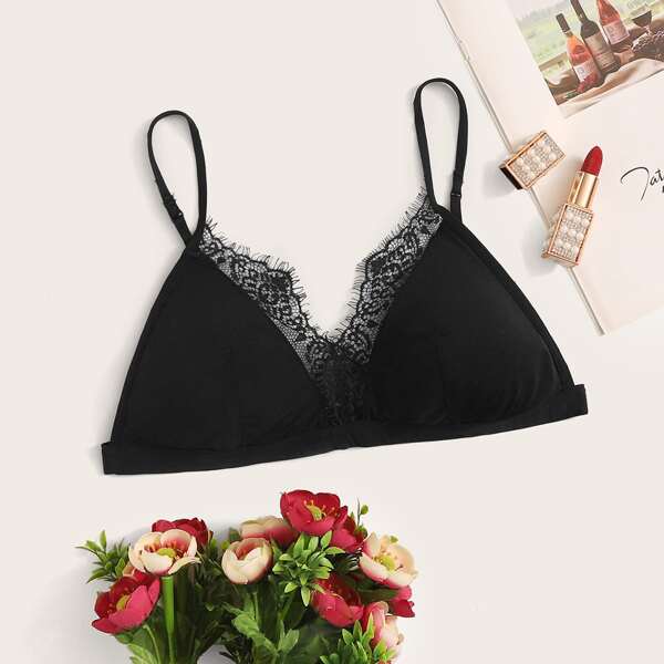 

Eyelash Lace Triangle Bralette, Black