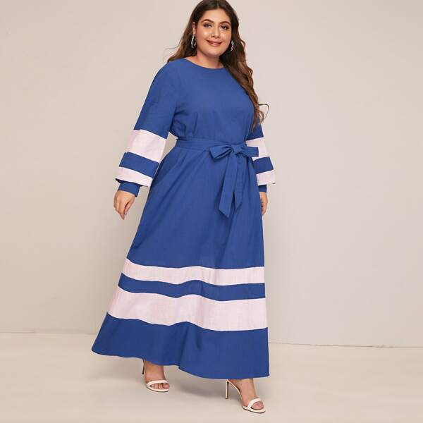 

Plus Lantern Sleeve Colorblock Belted Dress, Blue