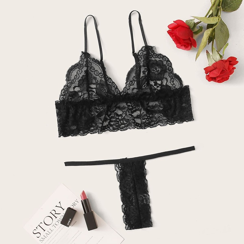 

Scallop Floral Lace Lingerie Set, Black
