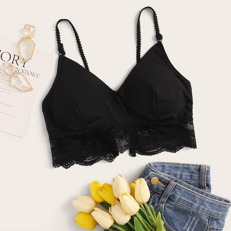 

Contrast Lace Trim Bralette, Black