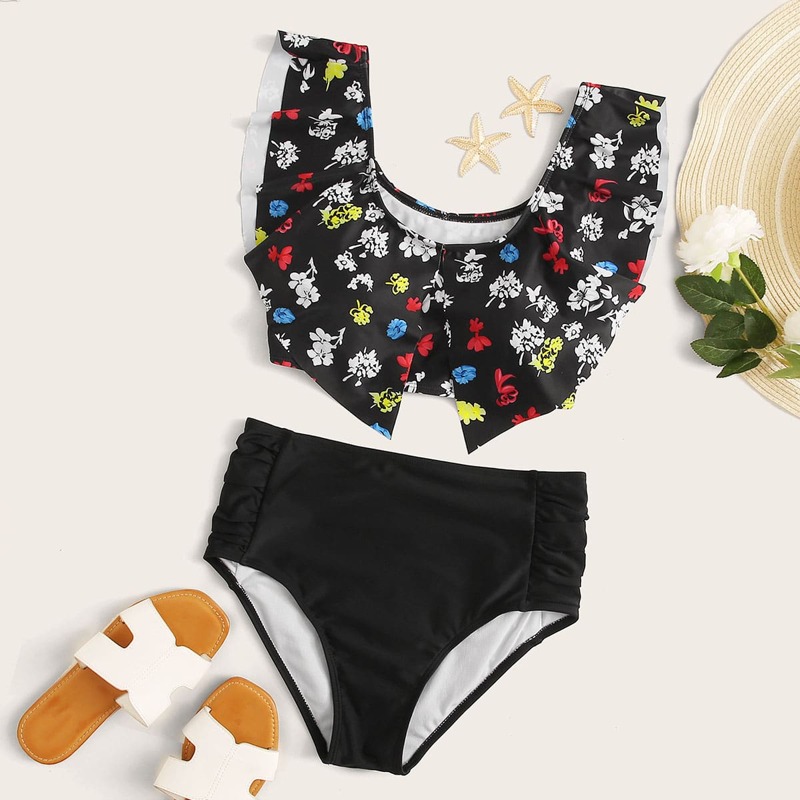 

Floral Ruffle Top With High Waist Bikini Set, Multicolor