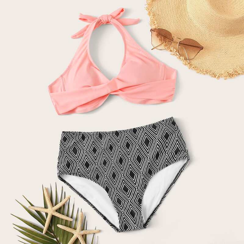 

Crisscross Halter Top With Argyle Print Bikini Set, Multicolor