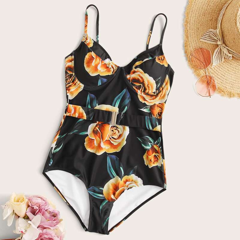 

Buckle Belt Floral One Piece Cami Swimsuit, Multicolor
