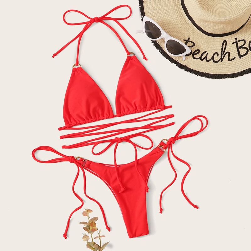 

Neon Orange Crisscross Top With Tie Side Bikini Set, Orange bright