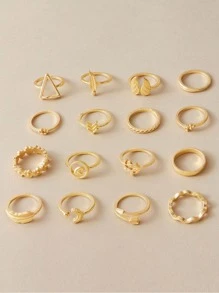 16 chiếc nhẫn hình học & lá trang trí - Vàng - Xem 3
