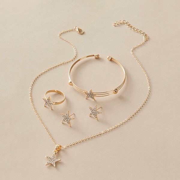 

5pcs Rhinestone Engraved Star Charm Necklace & Bracelet & Ring & Earrings