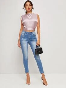 Tie Back Boat Neck Satin Crop Top - Purple - View 3