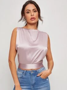 Tie Back Boat Neck Satin Crop Top - Purple - View 4
