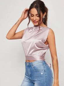 Tie Back Boat Neck Satin Crop Top - Purple - View 5