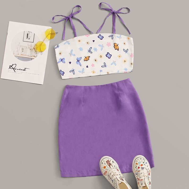 

Butterfly Graphic Crop Top & Purple Skirt, Multicolor