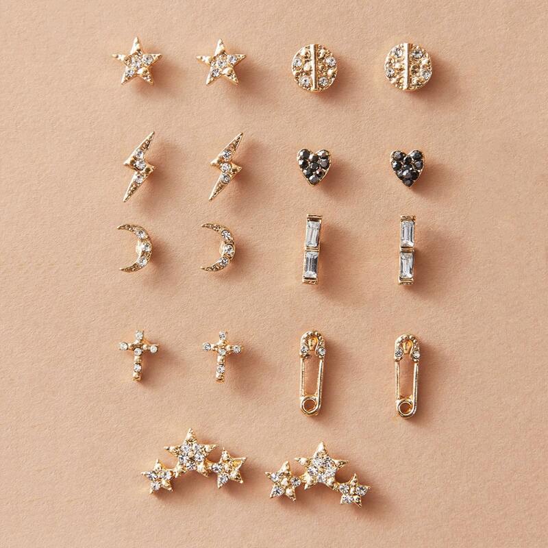 

9pairs Rhinestone Engraved Cross & Moon Stud Earrings, Gold
