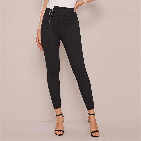 

Asymmetrical Waist O-ring Zip Fly Skinny Pants, Black