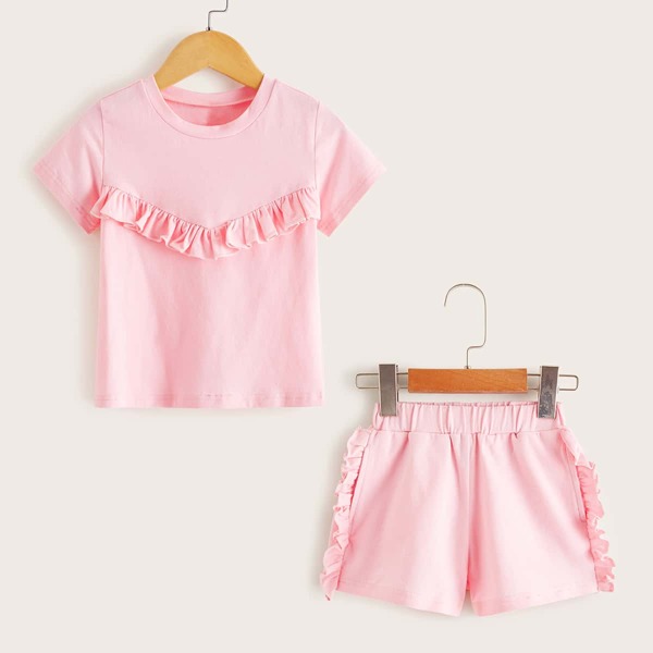 

Toddler Girls Ruffle Trim Solid Tee With Shorts, Pink