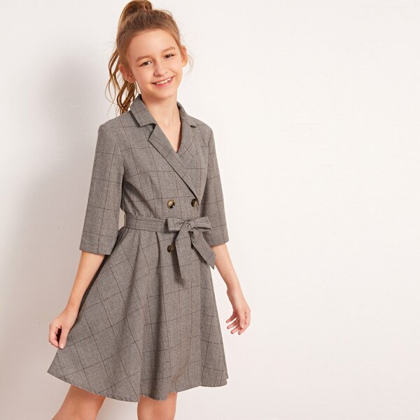 

Girls Lapel Collar Double Breasted Belted Plaid Dress, Mocha brown