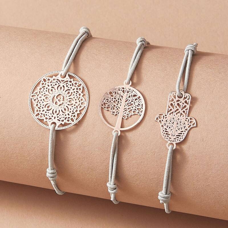 

3pcs Hollow Out Hand & Tree Decor Bracelet, Grey