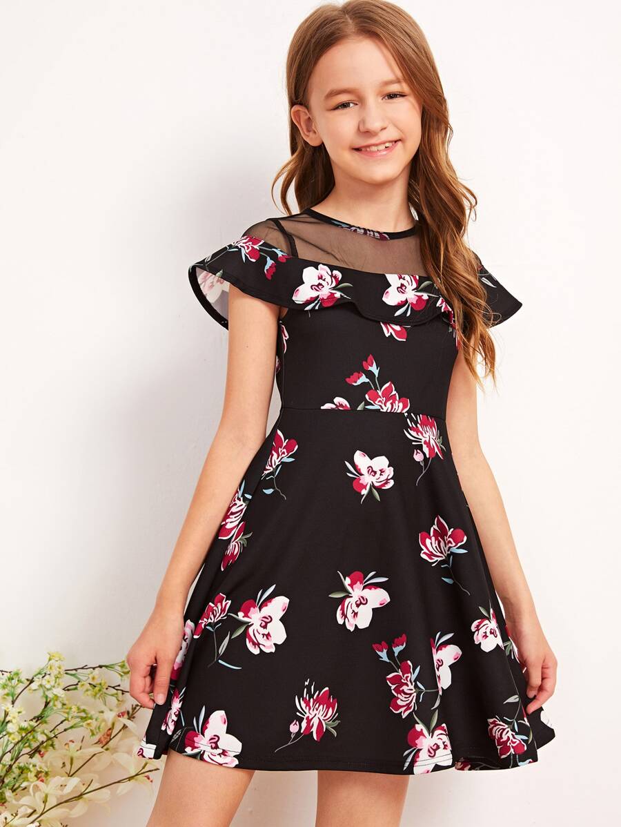 SHEIN Vestido línea A de niñas floral con malla ribete fruncido - Negro - Ver 1