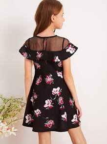 SHEIN Vestido línea A de niñas floral con malla ribete fruncido - Negro - Ver 2