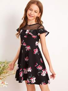 SHEIN Vestido línea A de niñas floral con malla ribete fruncido - Negro - Ver 3
