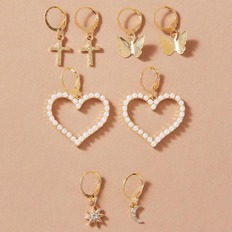 

4pairs Cross & Butterfly Decor Earrings, Gold