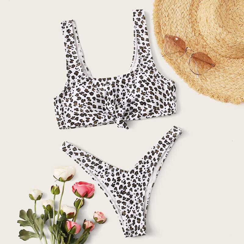 

Leopard Knot Top With High Cut Bikini Set, Multicolor