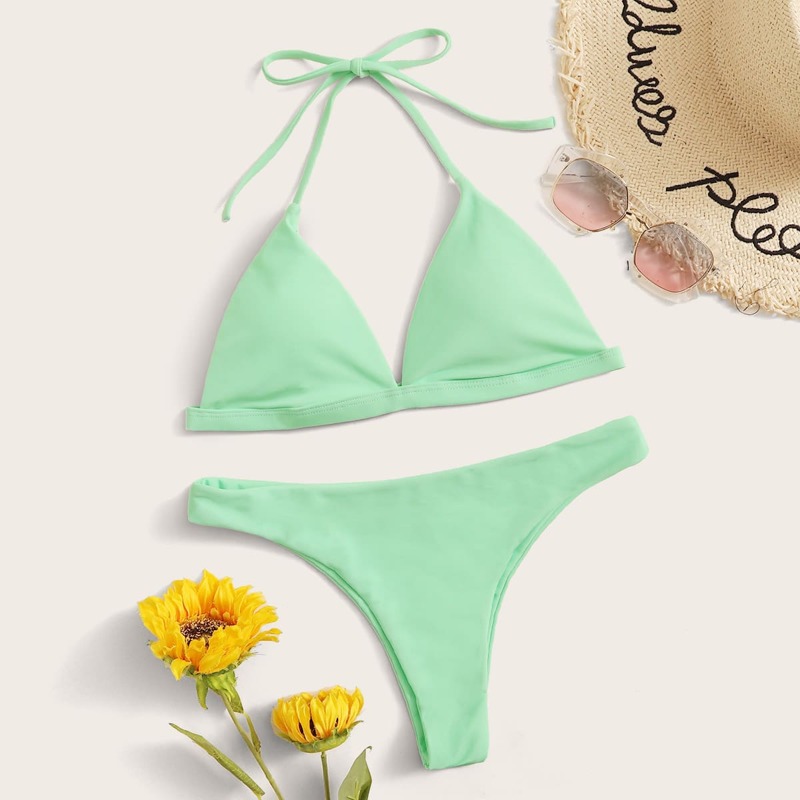 

Solid Halter Top With High Cut Bikini Set, Green