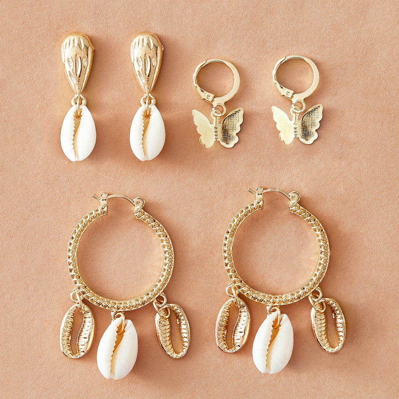 

3pairs Shell & Butterfly Charm Drop Earrings, Gold