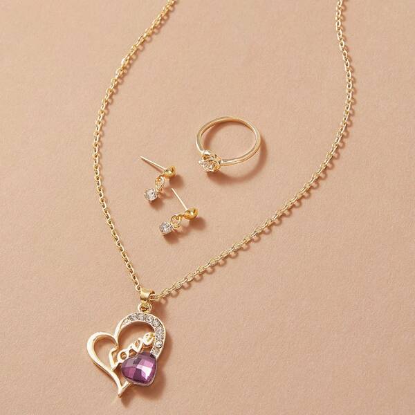 

4pcs Rhinestone Engraved Heart Charm Necklace & Earrings & Ring