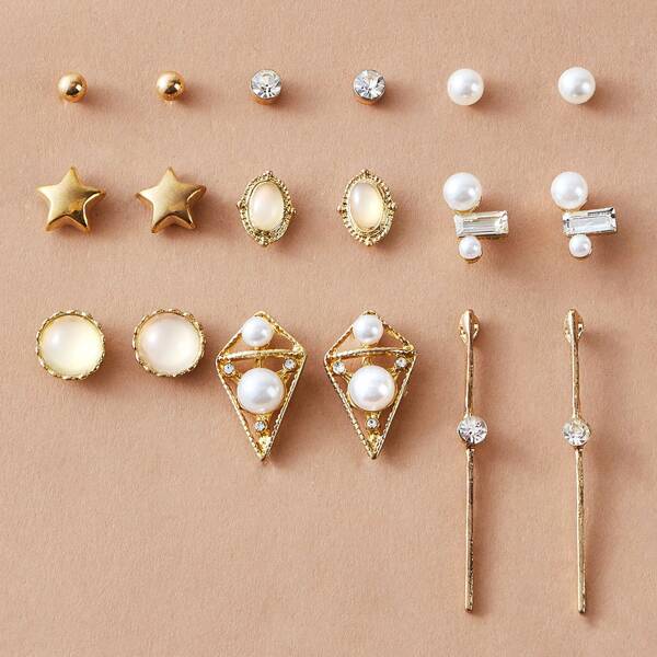 

9pairs Star & Faux Pearl Stud Earrings, Gold