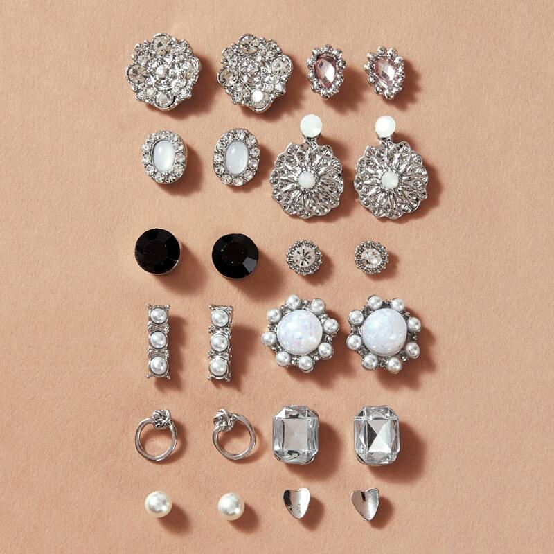 

12pairs Rhinestone Engraved Flower & Faux Pearl Decor Earrings, Silver