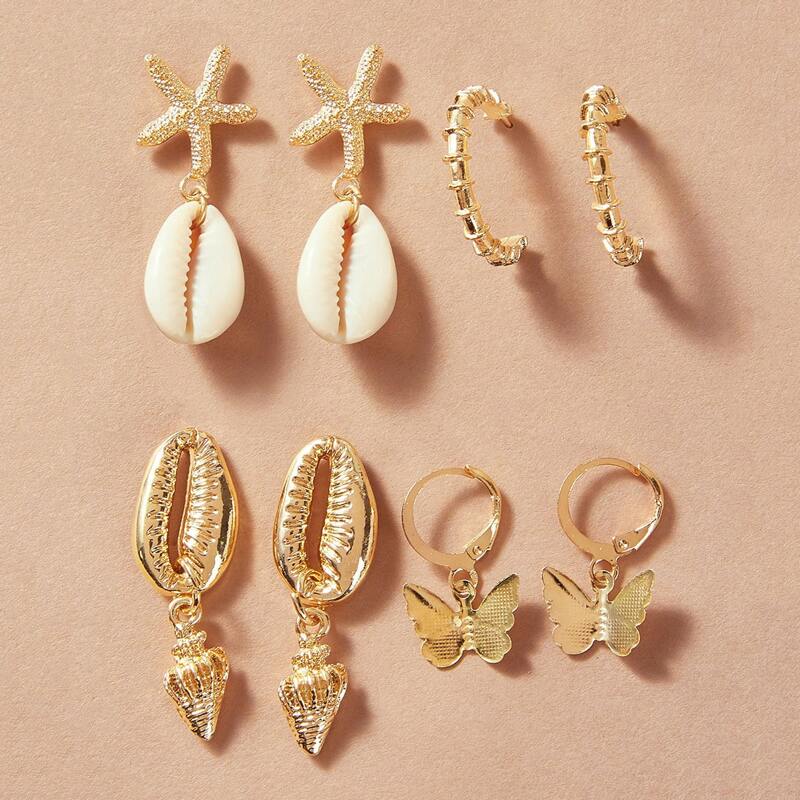 

4pairs Shell & Butterfly Charm Drop Earrings, Gold