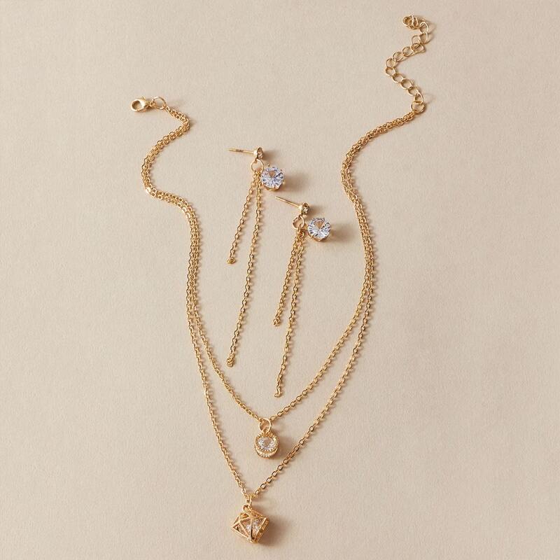 

3pcs Rhinestone Engraved Chain Tassel Charm Necklace & Earrings