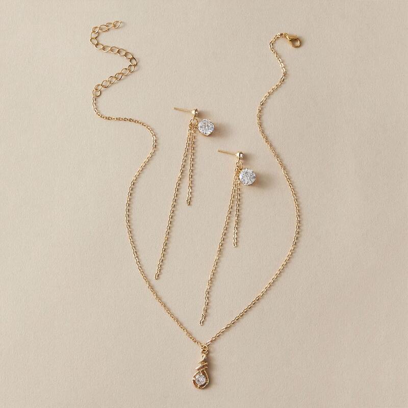 

3pcs Rhinestone Engraved Chain Tassel Charm Necklace & Earrings