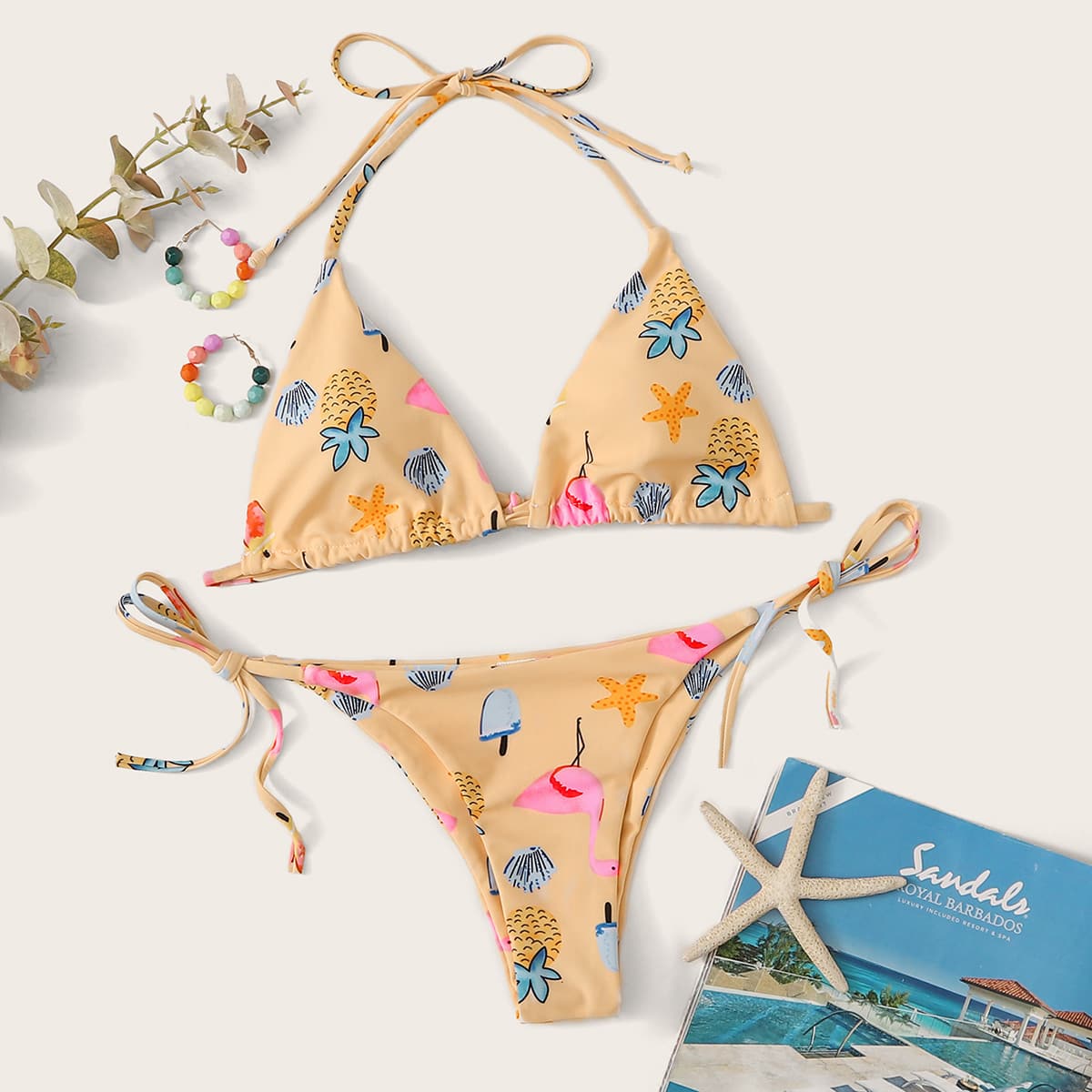 

Flamingo & Starfish Top With Tie Side Bikini Set, Multicolor
