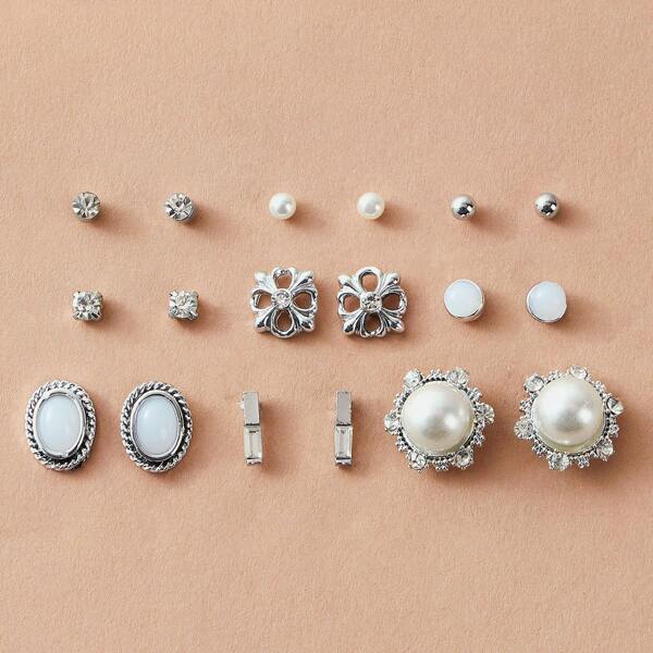 

9pairs Rhinestone & Faux Pearl Decor Stud Earrings, Silver