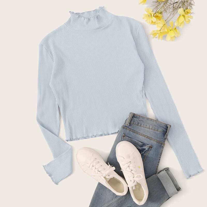 

Lettuce Trim Mock Neck Ribbed Tee, Blue