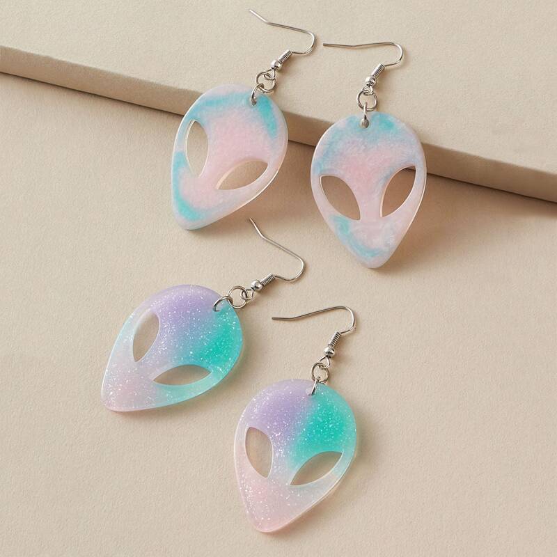 

2pairs Gradient Alien Design Earrings, Multicolor