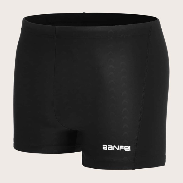 

Men Letter Graphic Square Leg Swim Trunks, Black