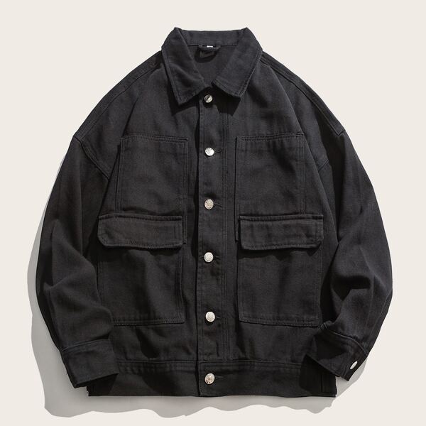 

Men Flap Pocket Denim Jacket, Black