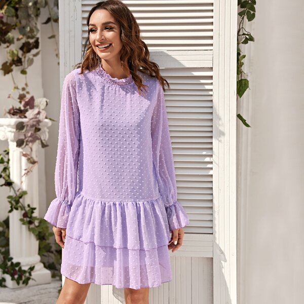 

Swiss Dot Tiered Ruffle Keyhole Back Smock Dress, Pastel lilac purple