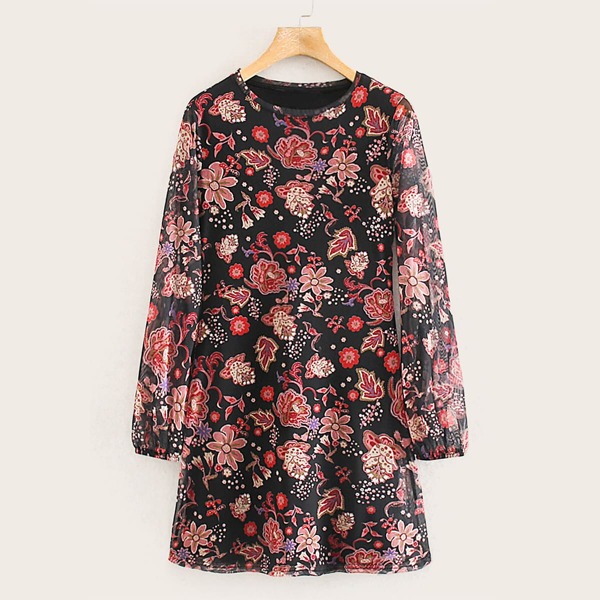 

Floral Print Tunic Short Dress, Multicolor