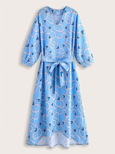 All Over Heart Print Belted Dress