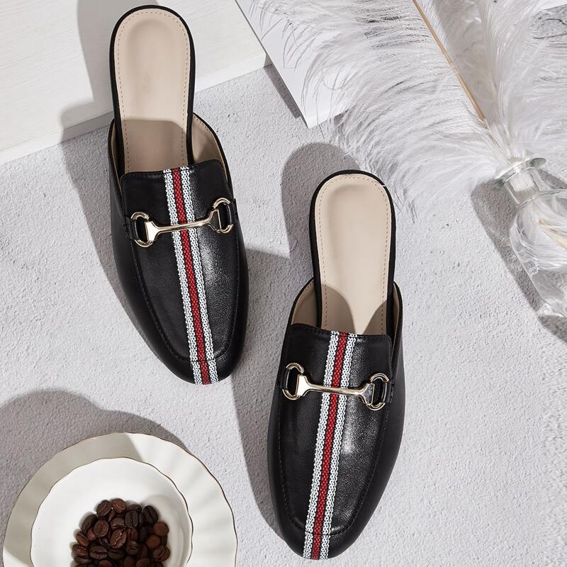 

Metal Decor Stripe Pattern Flat Mules, Black