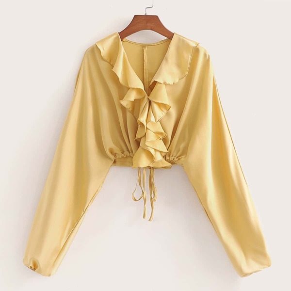 

Solid Ruffle Trim Drawstring Hem Blouse, Yellow