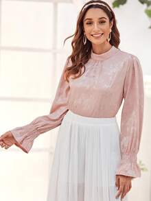 Camisa de espalda con abertura de ojo fruncido de manga con volante - Rosa - Ver 3