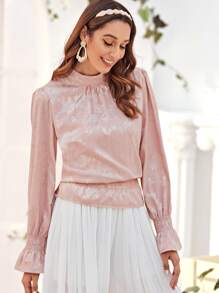 Camisa de espalda con abertura de ojo fruncido de manga con volante - Rosa - Ver 1