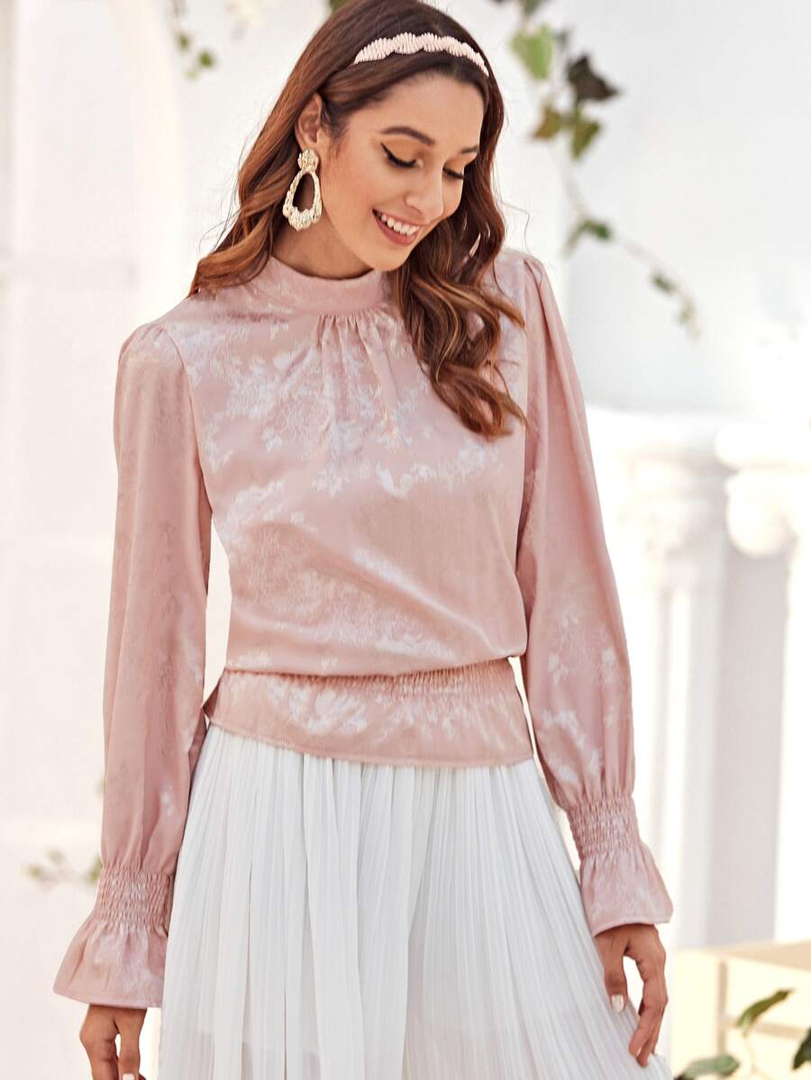 Camisa de espalda con abertura de ojo fruncido de manga con volante - Rosa - Ver 1