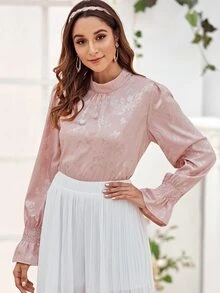 Camisa de espalda con abertura de ojo fruncido de manga con volante - Rosa - Ver 5