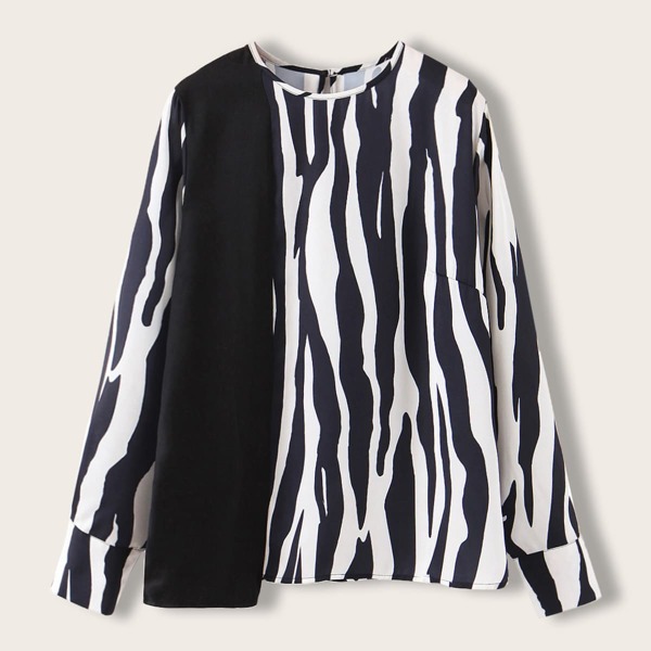 

Contrast Panel Zebra Stripe Blouse, Black and white